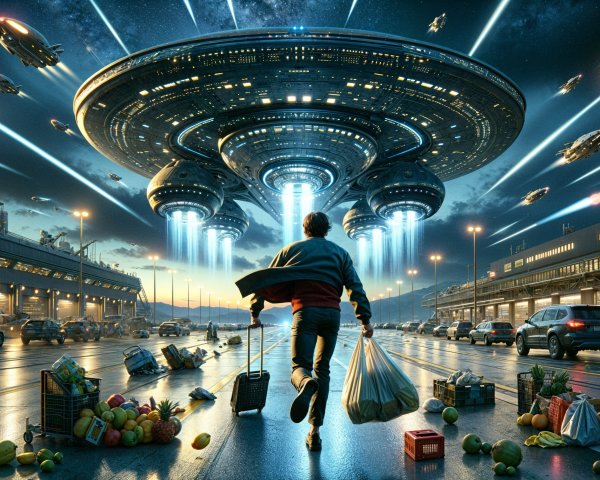 Marketplace Scene with Futuristic Spaceships Above