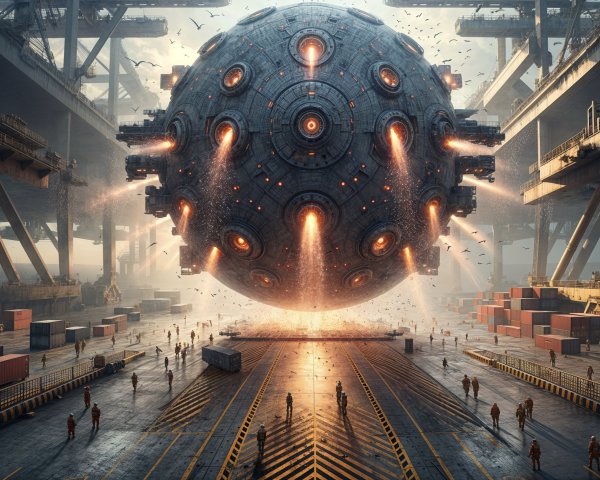 Futuristic sphere above a busy shipping dock scene