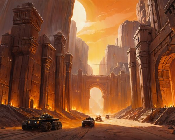 Colossal Ancient Ruins Amidst Towering Cliffs at Sunset