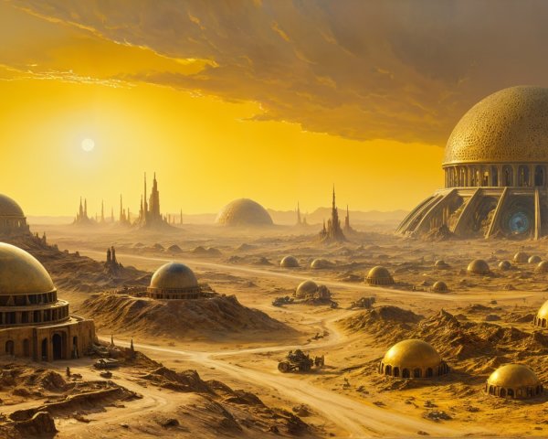 Alien Landscape with Golden Sunlight and Structures
