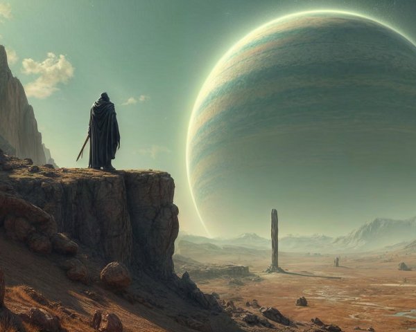 Cloaked Figure Overlooking Desolate Landscape and Gas Giant