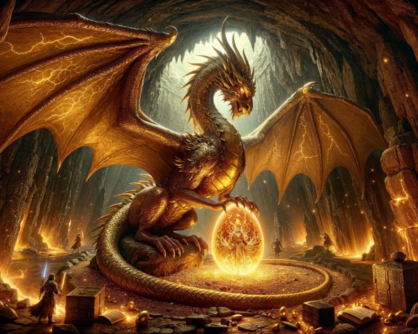 Golden Dragon Guarding Shimmering Egg in Cavern