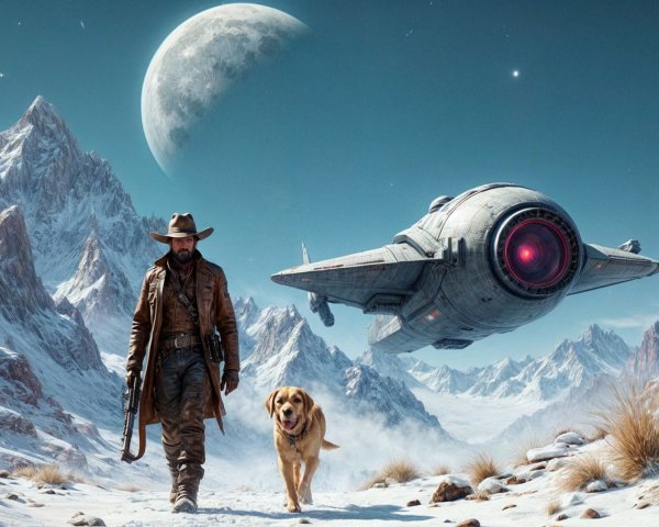 Cowboy in Snowy Landscape with Dog and Spaceship