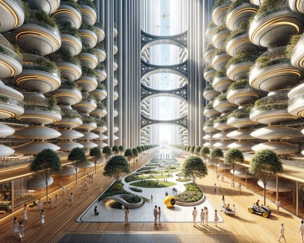 Futuristic cityscape with greenery and open spaces