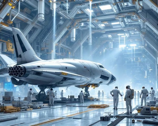 Futuristic Spaceship in a Spacious Hangar Setting