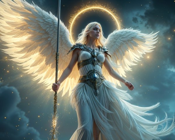 Majestic angel with halo and shimmering wings in sky