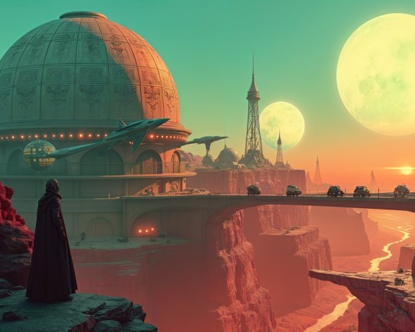 Futuristic landscape with moons, rock formations, and a dome
