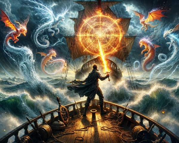 Dramatic Ship Scene with Glowing Sword and Dragons