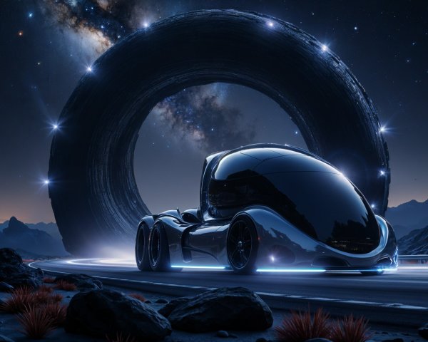 Futuristic Black Vehicle Under Starlit Sky and Portal