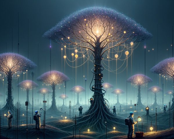 Surreal Landscape with Luminous Trees and Futuristic Figures