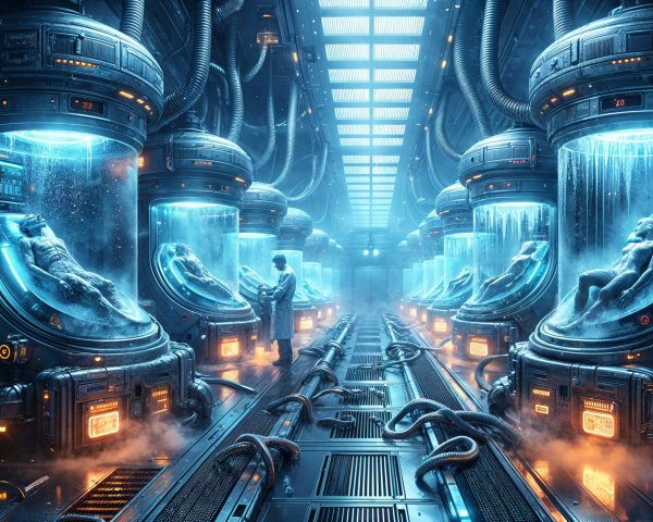 Futuristic laboratory with humanoid figures in capsules