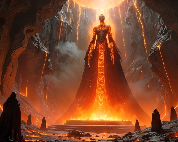 Majestic figure in a lava-lit cavern with hooded observers