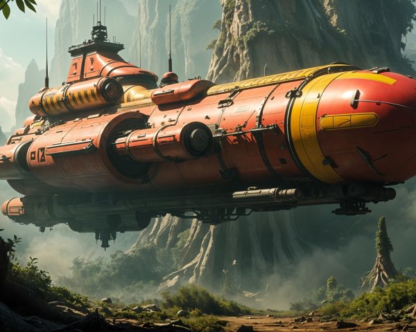 Futuristic Spaceship in a Lush Alien Landscape
