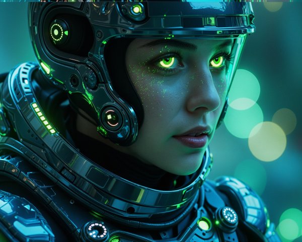 Futuristic figure in high-tech helmet with green accents