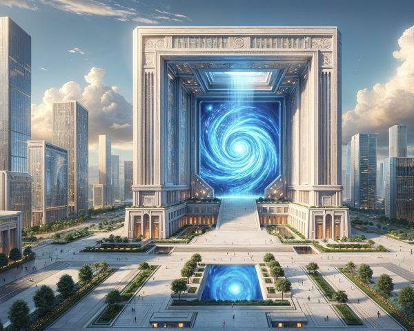 Futuristic building with glowing vortex in cityscape