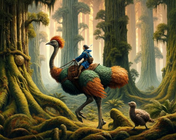 Rider on Colorful Bird in Lush Forest Setting