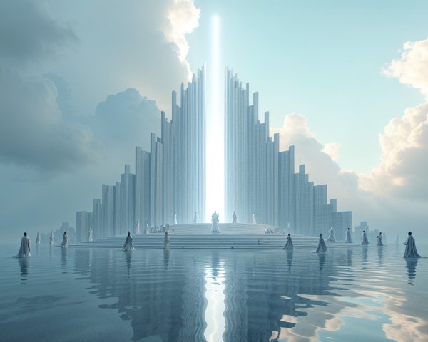 Futuristic temple surrounded by serene waters and light