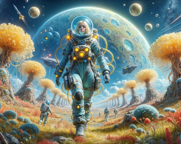 Astronauts Exploring a Colorful Alien Landscape