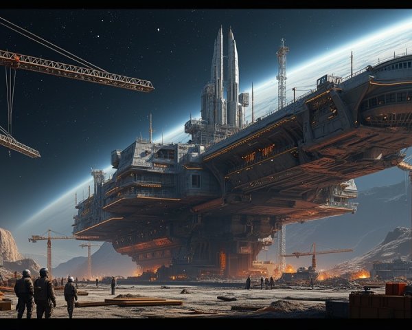 Futuristic Spaceship Over Rocky Landscape with Machinery