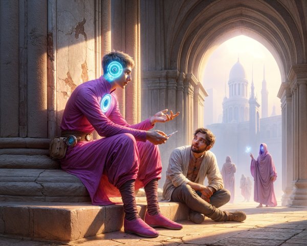 Conversation Under Stone Arches in Ancient City