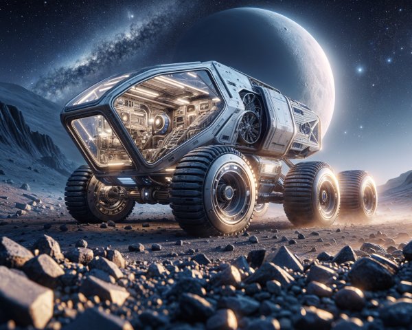 Futuristic lunar vehicle explores alien moon terrain