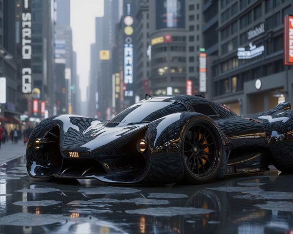 Futuristic Dark Sports Car in Urban Streetscape