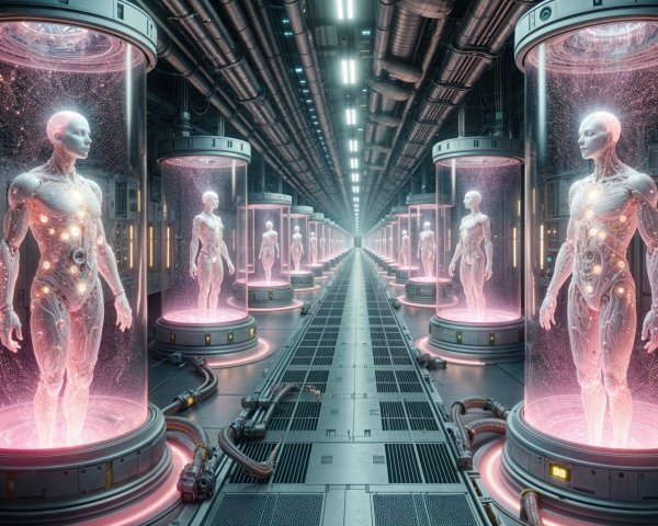 Futuristic laboratory with glowing humanoid figures
