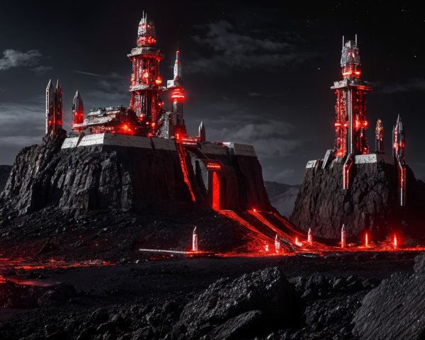 Futuristic landscape with angular structures and moonlight