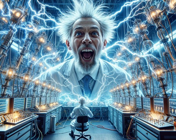 Mad Scientist in High-Tech Lab Surrounded by Machinery