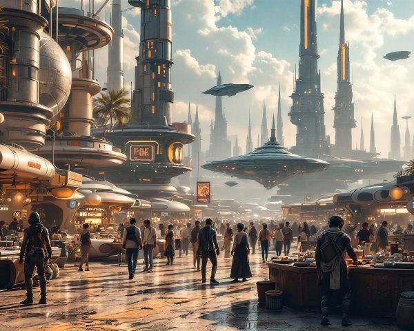 Retro-Futuristic Marketplace with Diverse Crowd and Stalls