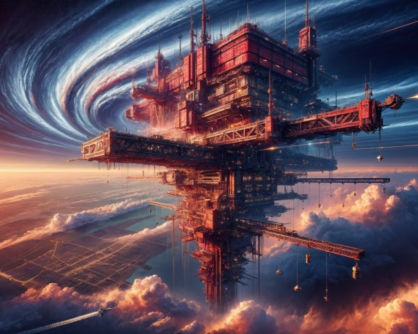 Futuristic floating structure in a vibrant sky