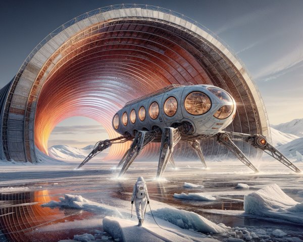 Futuristic spaceship in icy landscape with astronaut