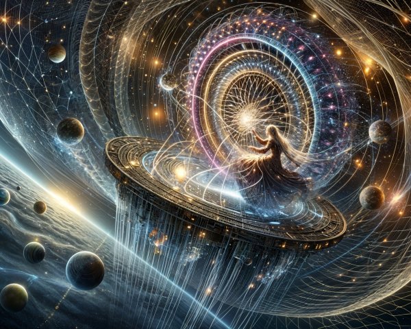 Cosmic Scene with Figure on Swirling Platform