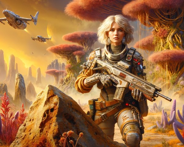 Fierce Female Warrior in Alien Landscape with Futuristic Gear