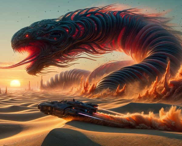 Futuristic vehicle and serpentine creature in desert scene