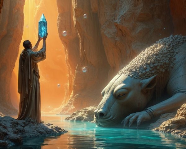 Mystical Canyon with Glowing Crystal and Stone Creature