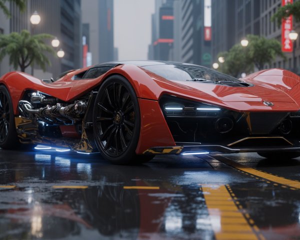 Futuristic Orange Supercar on Rainy Urban Street