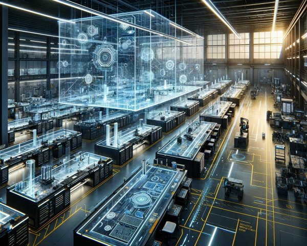 Futuristic laboratory with high-tech workstations and displays