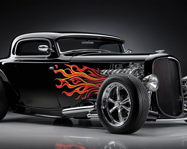Custom Black Hot Rod with Flame Decals and Chrome Grille