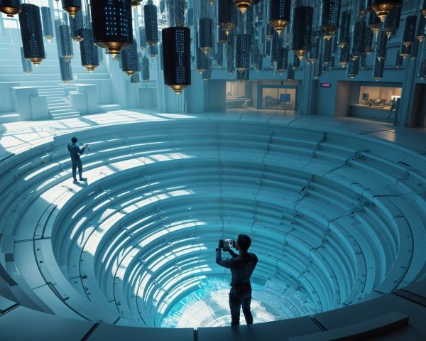 Futuristic High-Tech Facility with Circular Pit and Lights