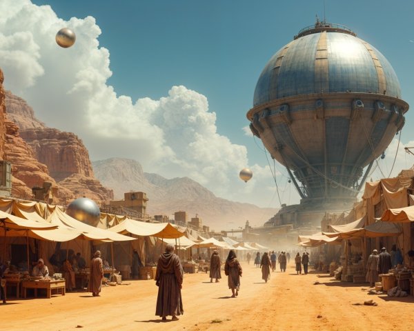 Desert Marketplace with Futuristic Airship and Stalls