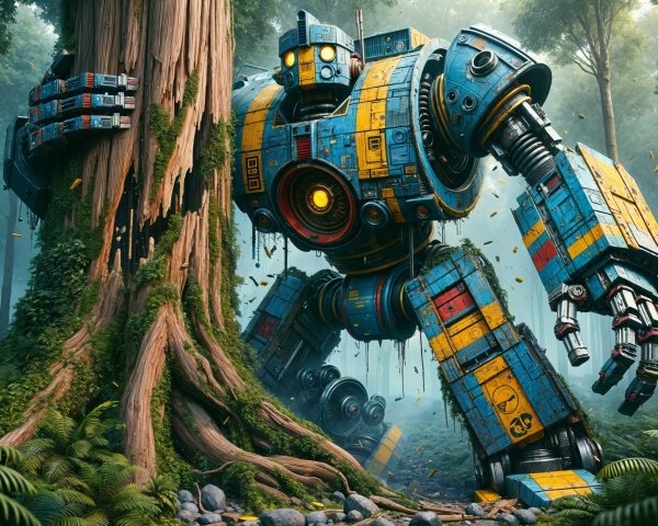 Colossal Robotic Figure in Lush Forest Setting