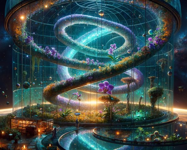 Futuristic Glass Habitat with Colorful Flora and Stars