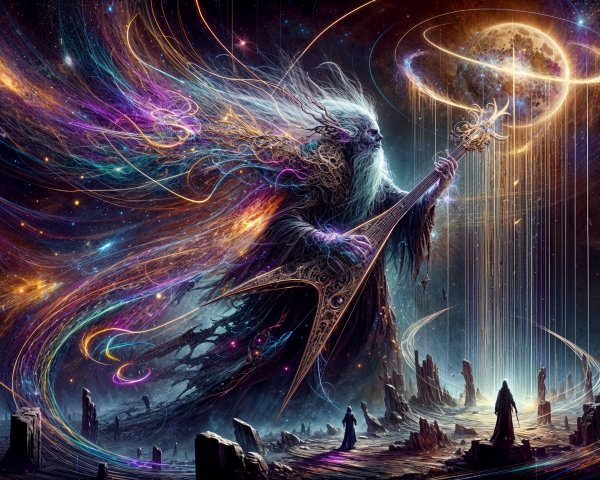 Cosmic Wizard with Ornate Guitar in Vibrant Landscape