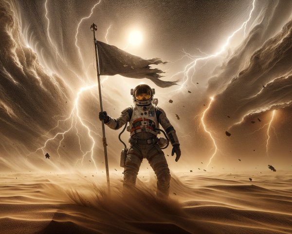 Astronaut in Desolate Landscape with Dramatic Sky