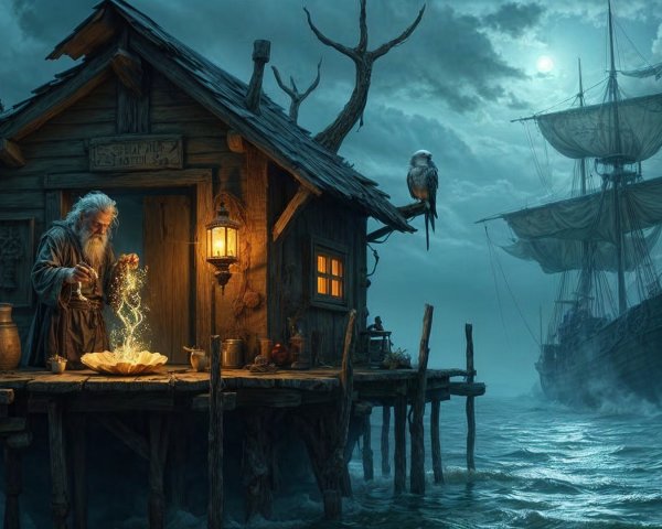 Mysterious Old Man Casting Magic by Rustic Shack