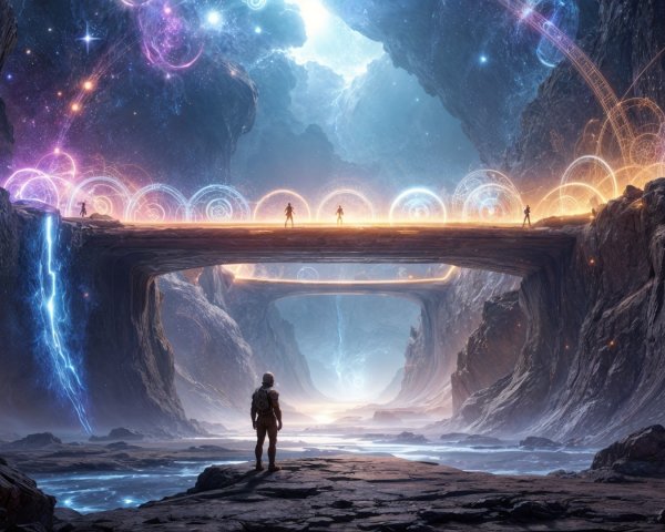 Otherworldly Landscape with Ethereal Bridge and Waterfall