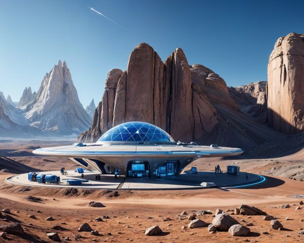 Futuristic spacecraft in arid landscape with mountains