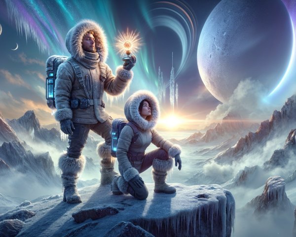 Futuristic Explorers in Icy Alien Landscape