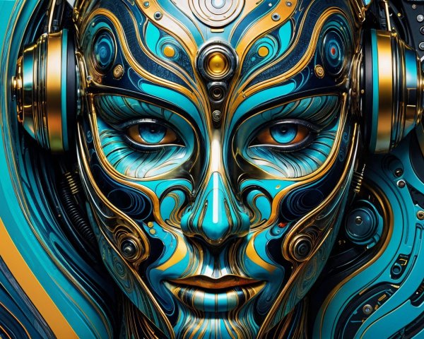 Futuristic Android Face with Turquoise and Gold Design
